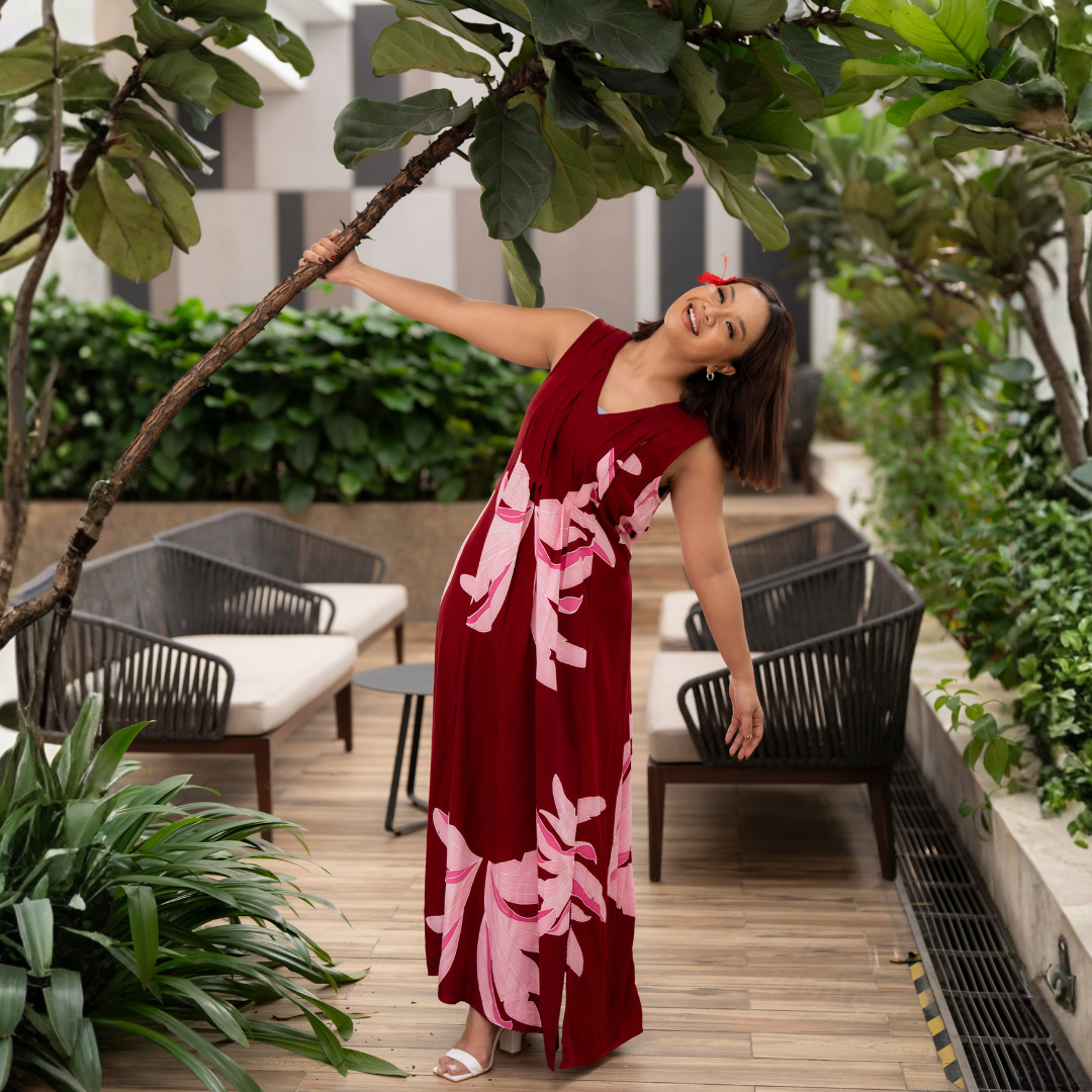 batik print maxi dress Water Mill Dress- Batik Leaf- Pink/White