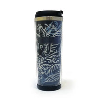 A minimalist and stylish white box photo featuring a batik tumbler adorned in the Blue Nautical Fern pattern, presented against a clean white background.