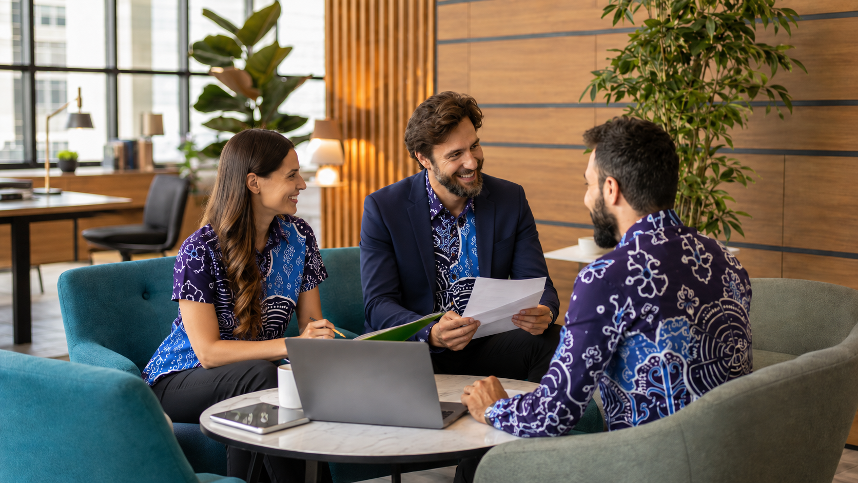  Corporate team wearing custom Malaysian batik attire in Bayou cotton
