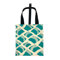 A batik totebag or even a shopping bag with pattern inspired from Nasi Lemak in turquiose color and put on a white background. This photo show the front side of the bag