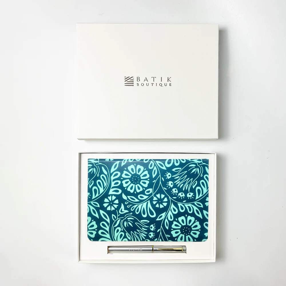 Batik-Inspired Notebook & Pen -in Teal Ukir show in its box 