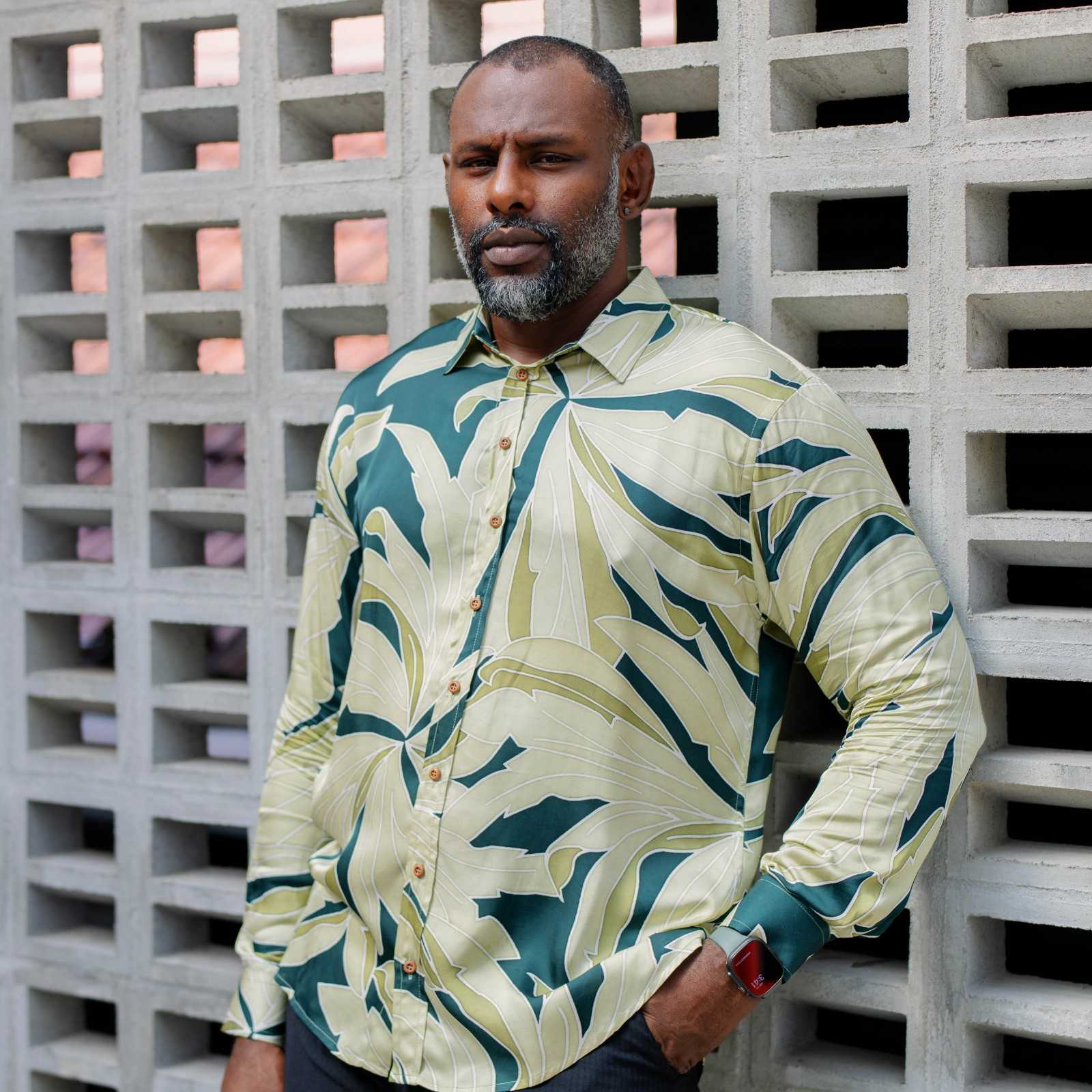 lifestyle photo of the long sleeve forrest palma shirt 