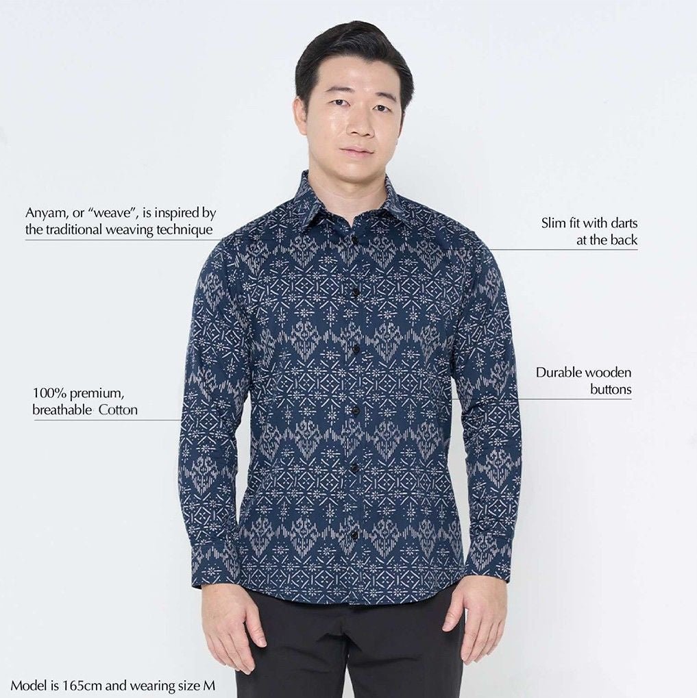 Men's Long-Sleeved Batik Shirt - Navy Anyam