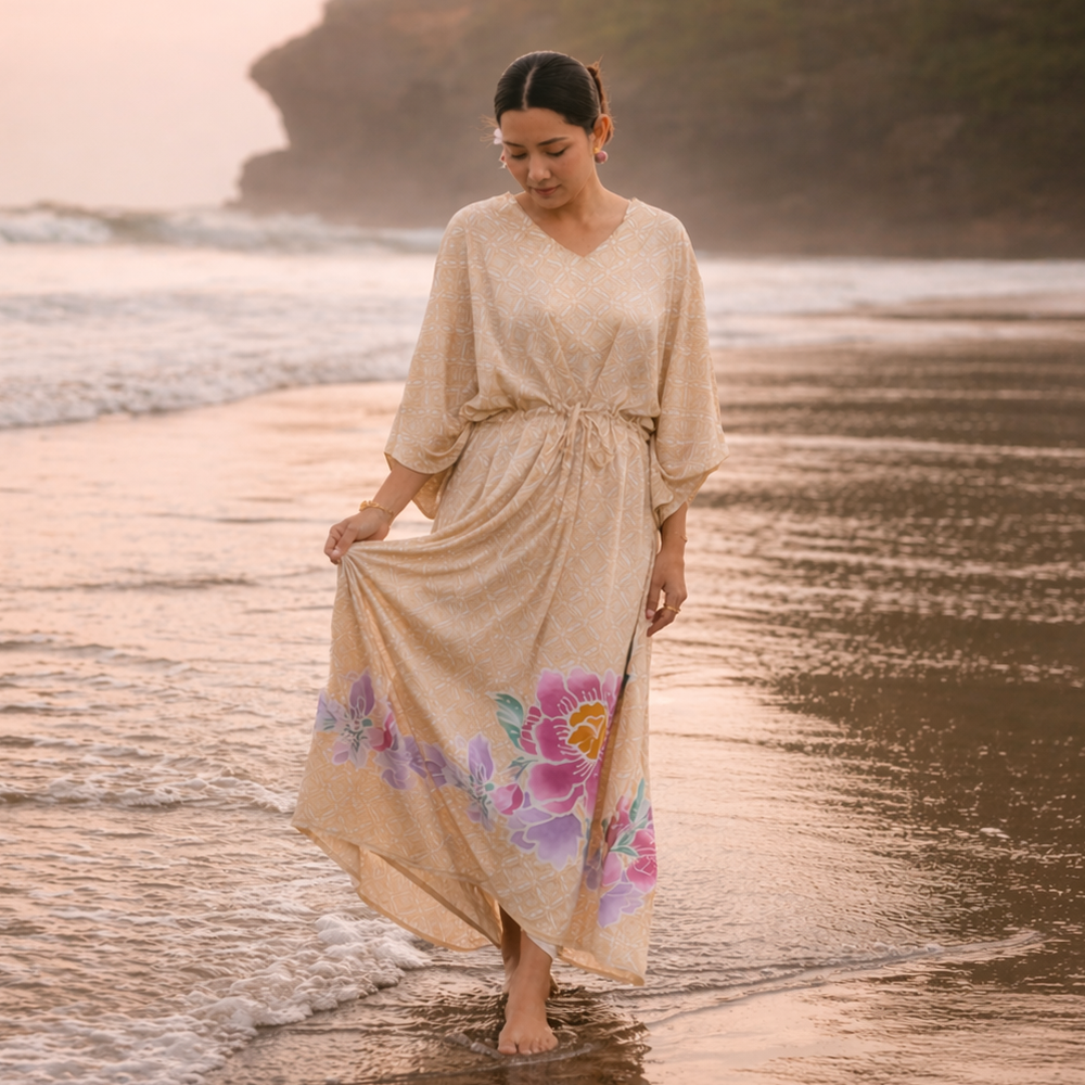Woman in a long, light-colored dress with floral patterns walking on a beach.