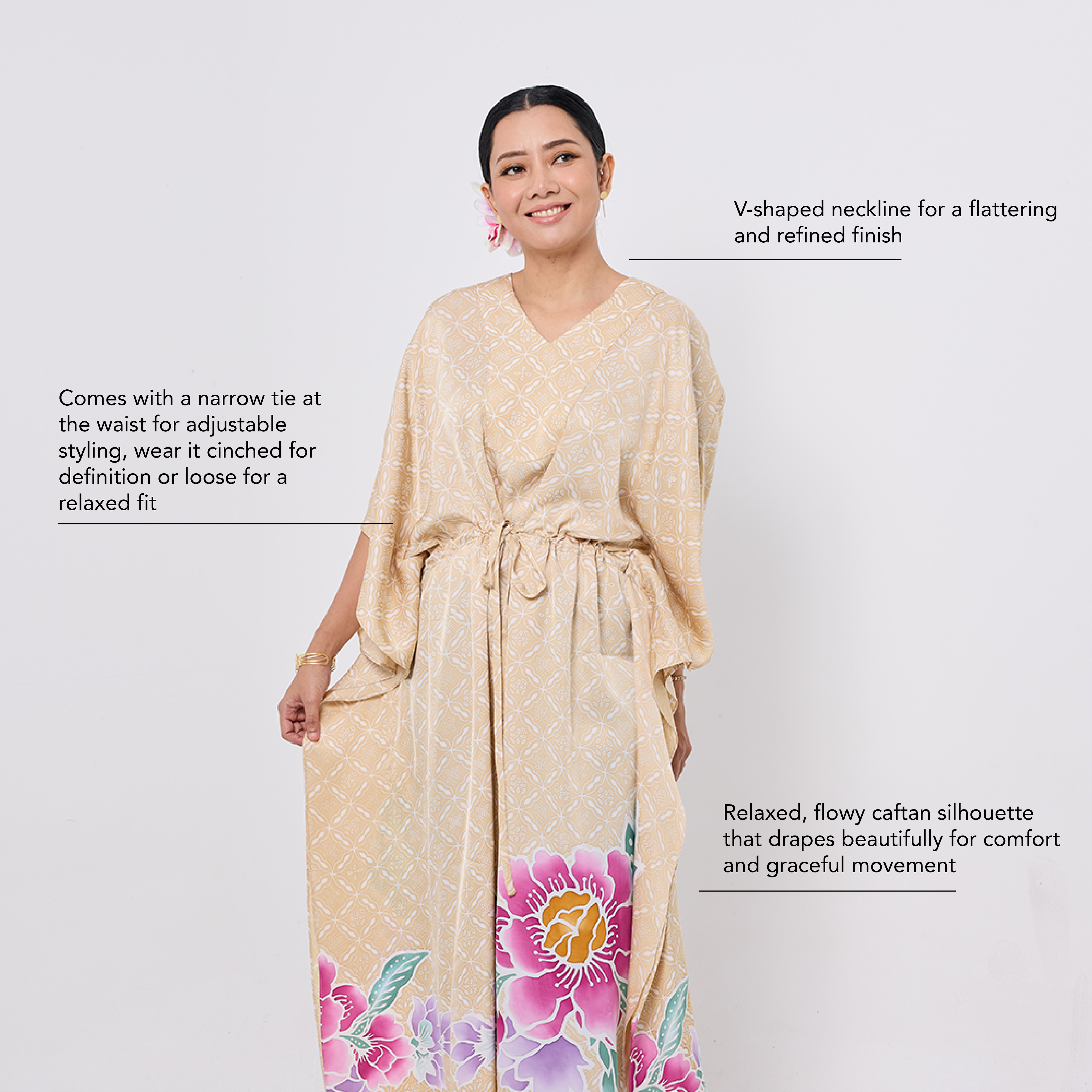 Woman wearing a beige floral dress with text describing its features on a white background