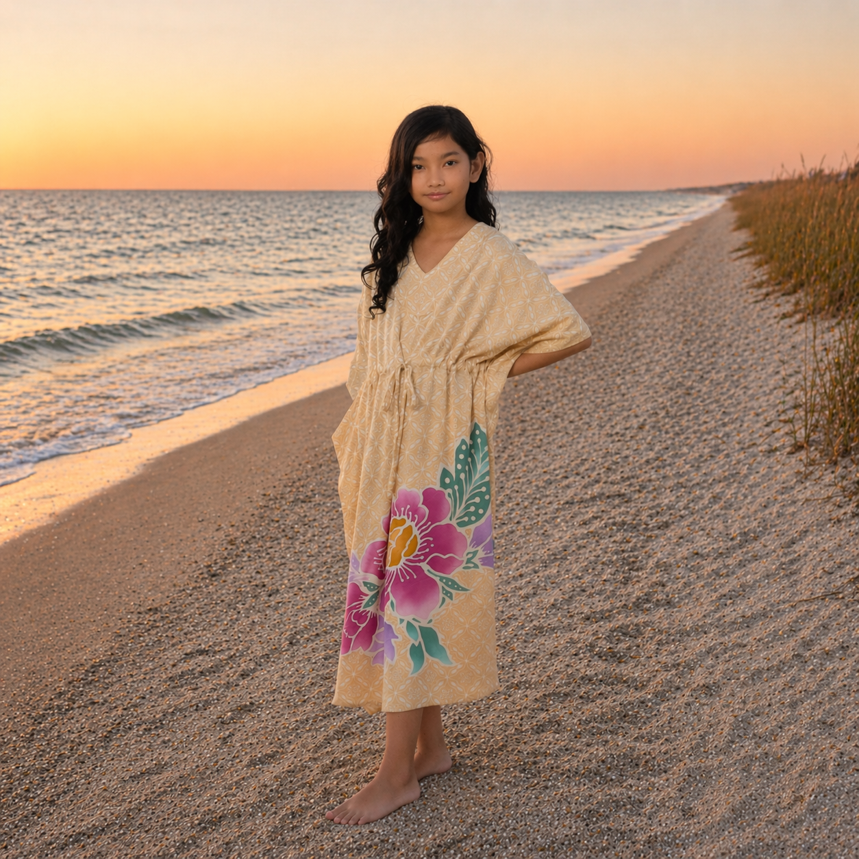 Woman in a floral dress standing on a beach at sunset