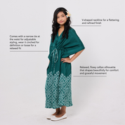 Woman wearing a green dress with text describing its features on a white background