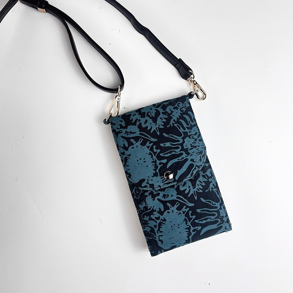 Blue patterned pouch with a strap on a white background