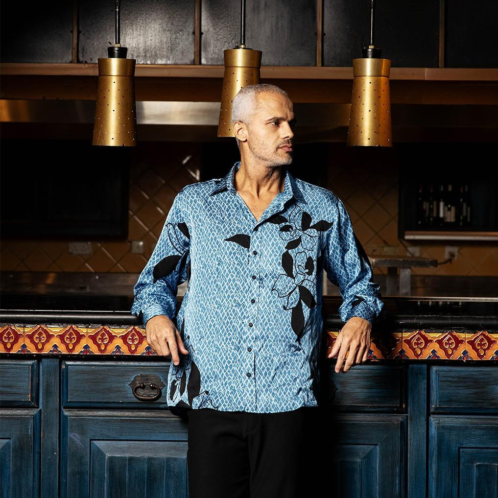 Lifestyle image of the long sleeve blooming lace in azure 