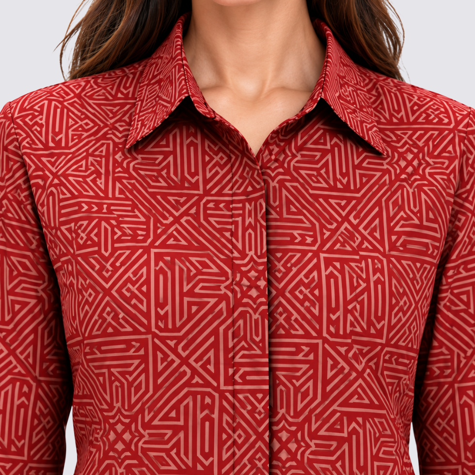 Closeup of lady wearing red batik shirt