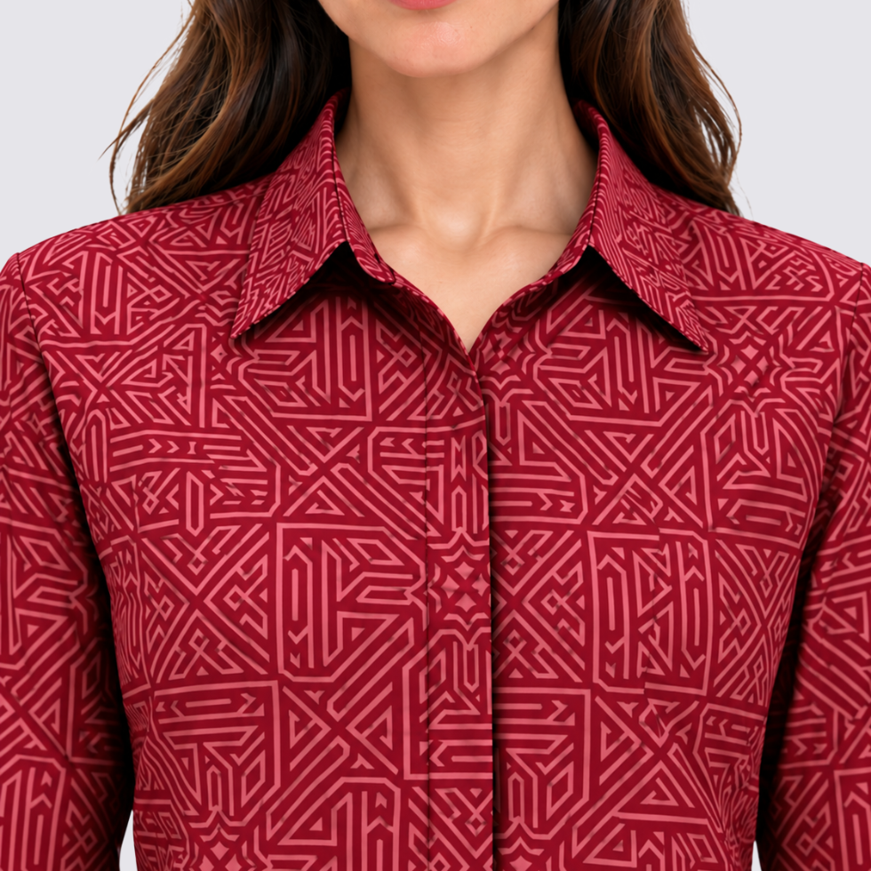 Closeup of girl wearing red batik shirt