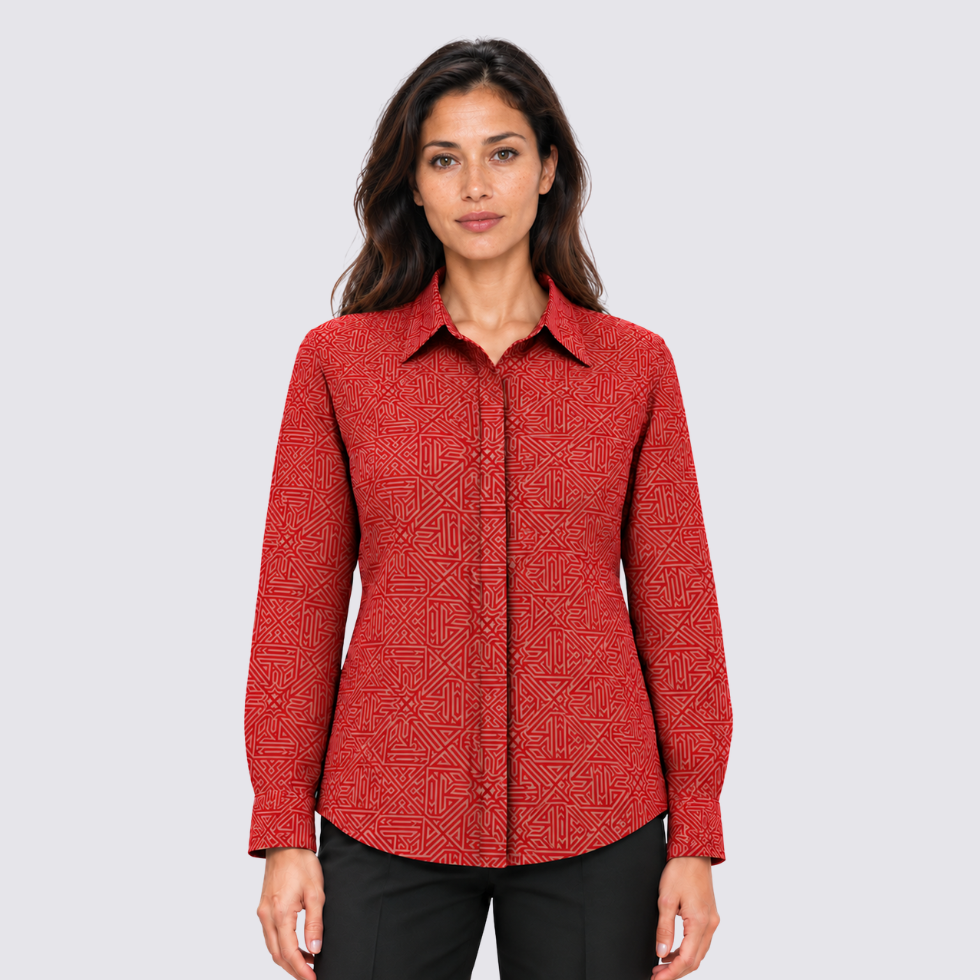 Front side of red batik shirt