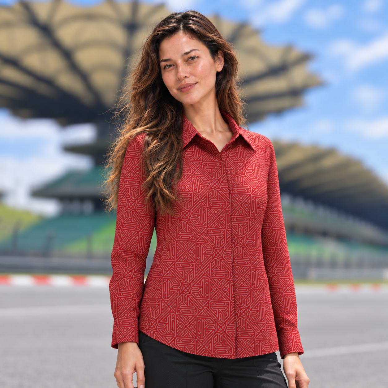 Woman wearing red batik printed shirt at sepang
