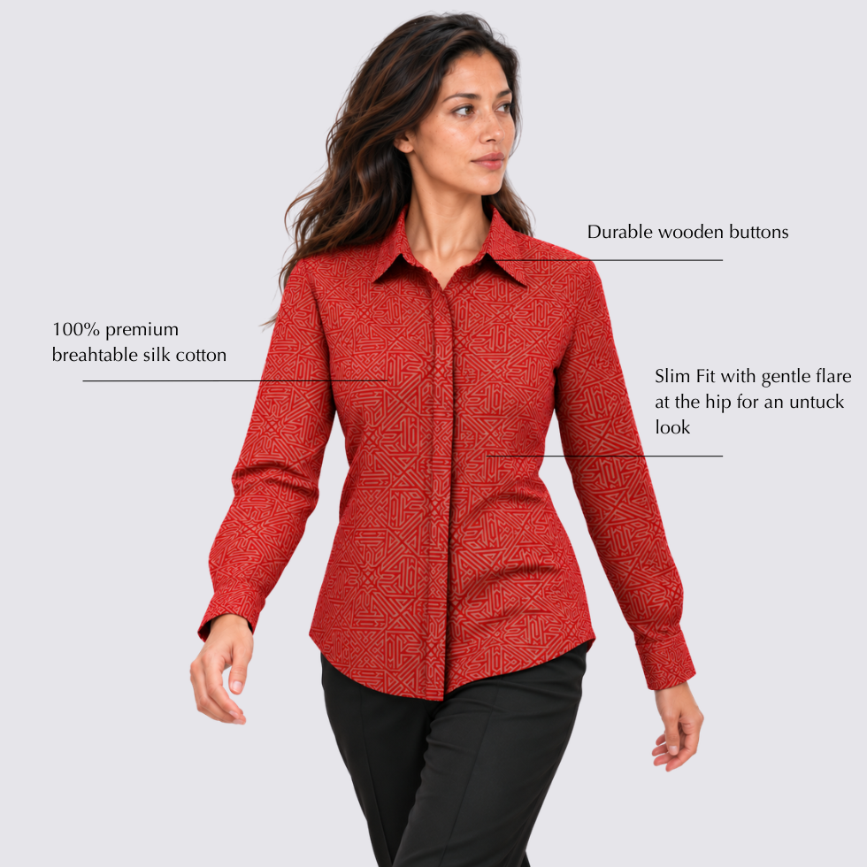 Labelled features of red batik shirt