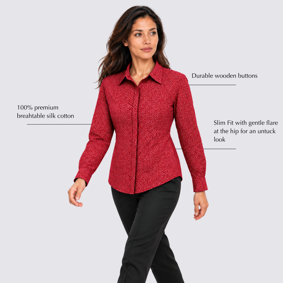 Woman with red batik shirt and labelled features