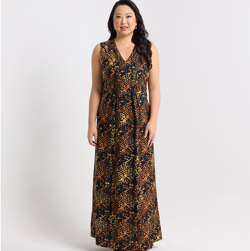 luxury batik boutique dress, silk V-neck maxi dress, Malaysian handmade fashion, elegant batik outfit