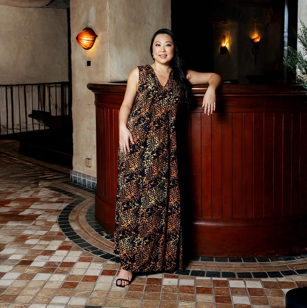 Women posing in Black leopard Maxi dress 