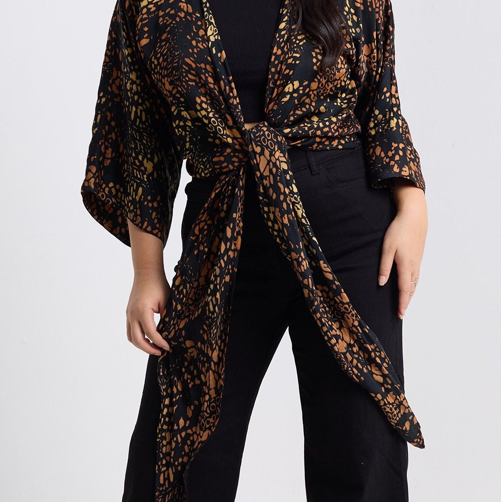 Tie Front Kimono - Black Leopard