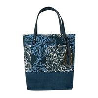 a whitebox photo of batik tote bag in blue nautical fern facing front side of the bag