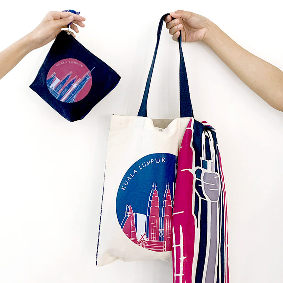 A photo of collection of bag and scarf inspired by Kuala Lumpur, city of Malaysia