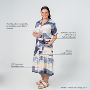 Batik Boutique’s Button-Up Dress in Lavender Bukit print, featuring premium cotton, artisan-inspired design, and customisable waist tie.