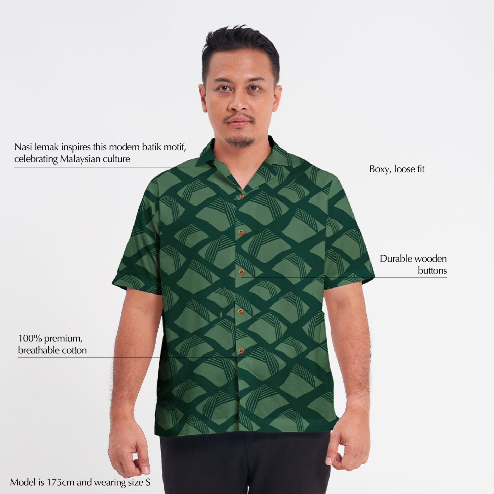 (SALE) Men's Batik Cuban Shirt - Green Nasi Lemak