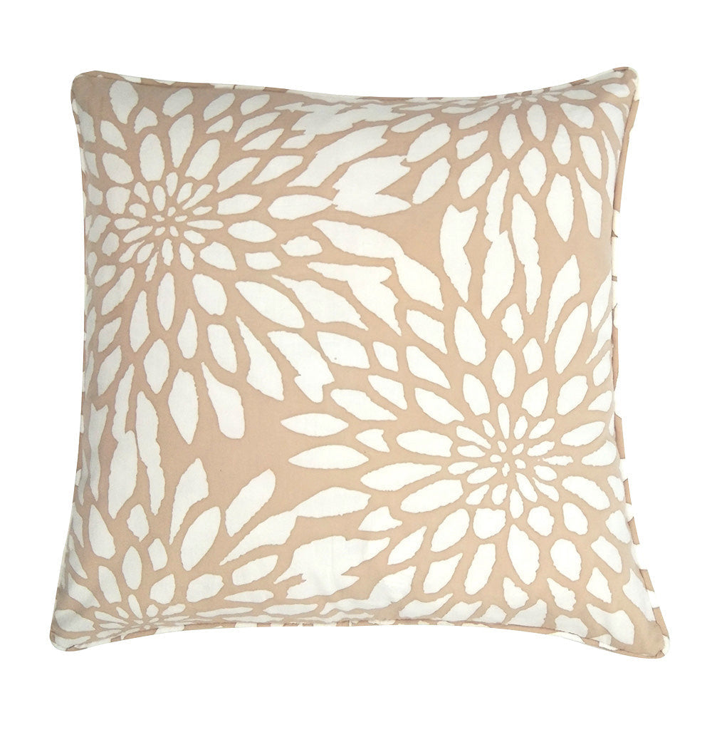 a photo of batik pillow cover in tan bunga pattern on a white background showing front side of the cover