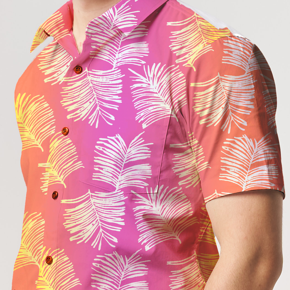 close up of the Men's Batik Shirt - Neon Sawit showing the bold color and the wooden buttons 