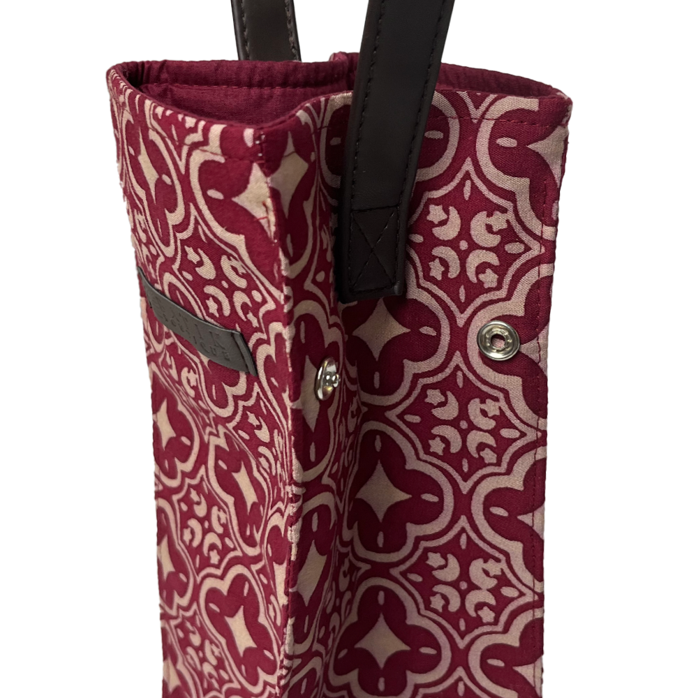 A detailed close-up highlighting the exquisite button details on a wine bag, adorned in the Crimson Celestial pattern