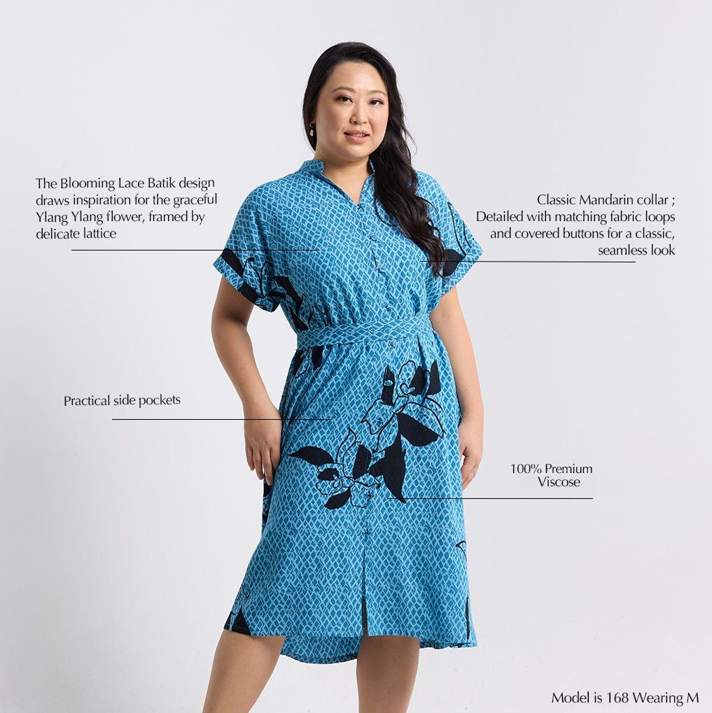 Description photo of the azure blooming lace womens dress, shown with the description 