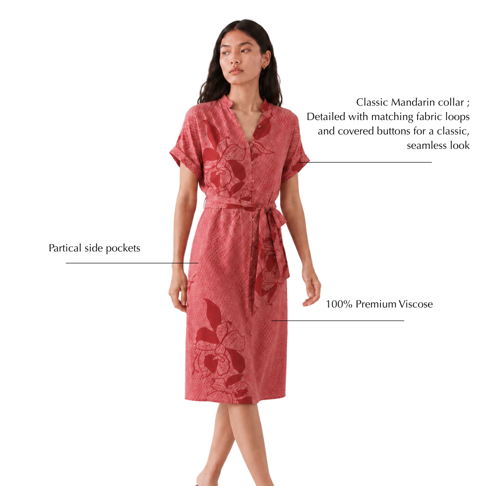 Woman wearing Batik Dress with Coral flower-inspired prints