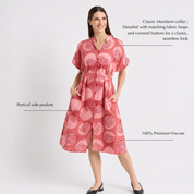 Woman wearing Batik Dress with Crimson Chinese-inspired prints