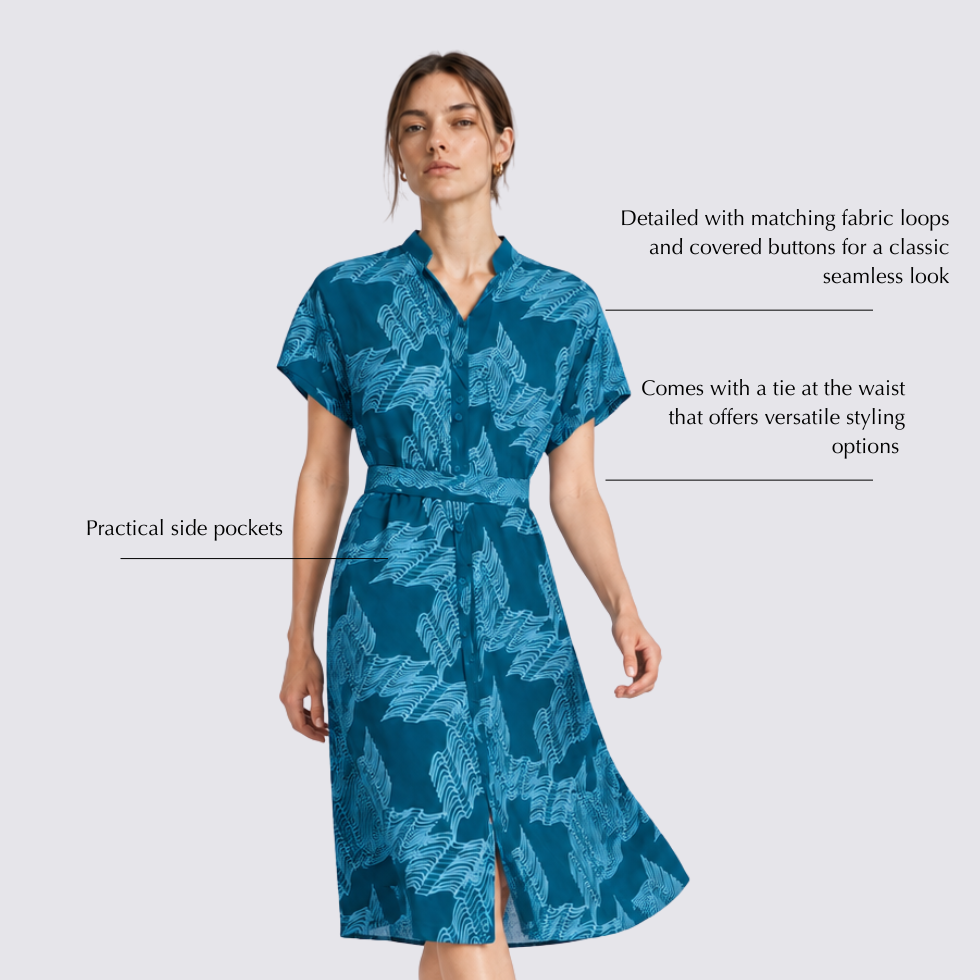 Woman with blue dress with labelled features