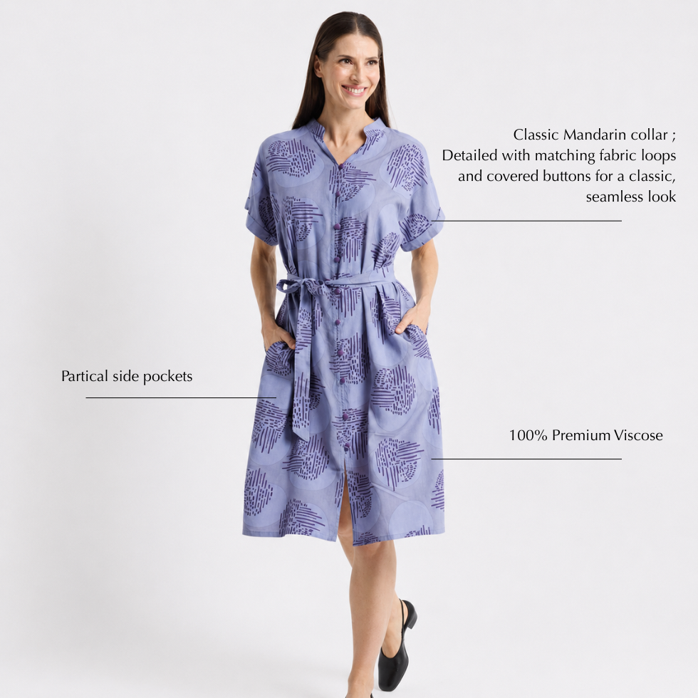 Woman wearing Batik Dress with Violet Chinese-inspired prints