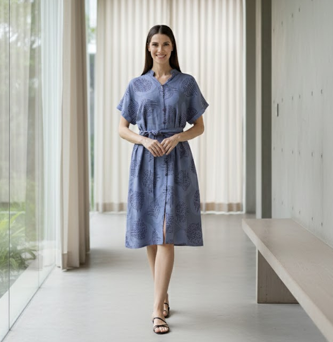 Woman wearing a blue dress standing in a modern indoor setting with large windows.