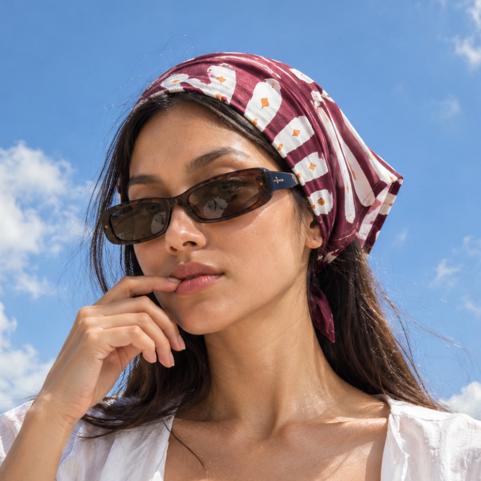 A woman outdoors under a blue sky wearing a burgundy and white floral headscarf and dark sunglasses.
