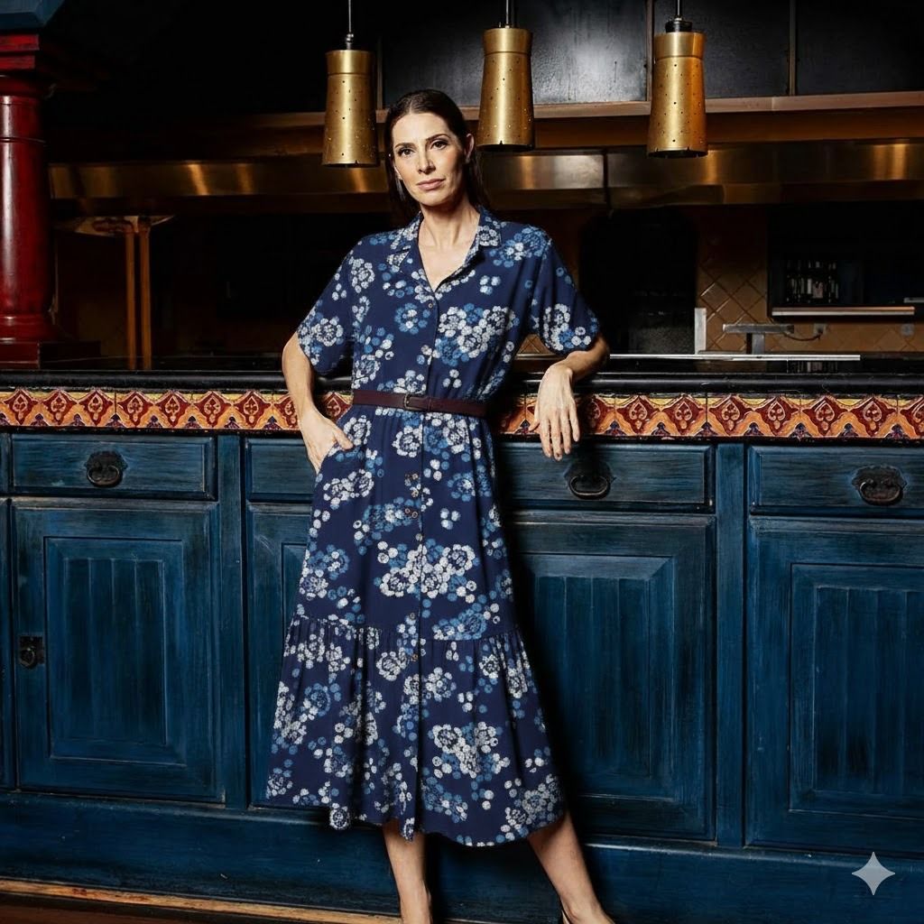 Woman in a blue floral dress standing in a kitchen with dark wooden cabinets and pendant lights.