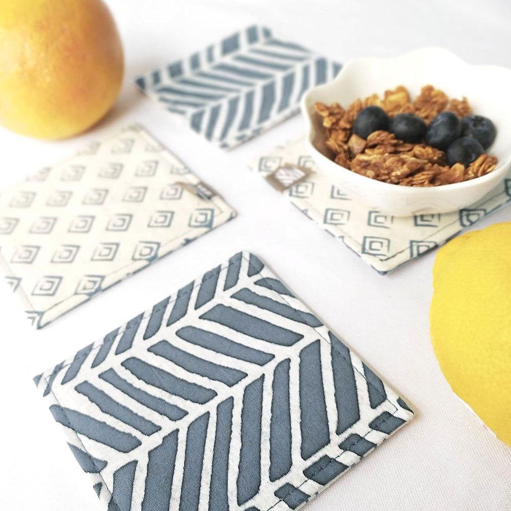 Handcrafted Artisan-made Batik Coaster Set (Reversible) - Grey Banana Leaf