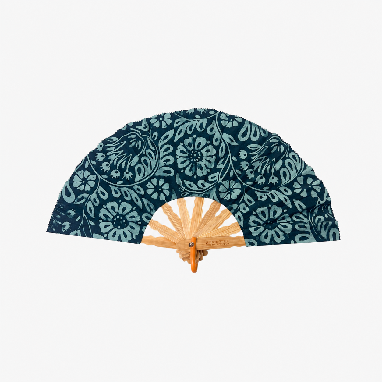 A folding hand fan with a dark teal and light blue floral pattern on the fabric cover, featuring a natural bamboo handle and wooden ribs, shown against a plain light gray background.