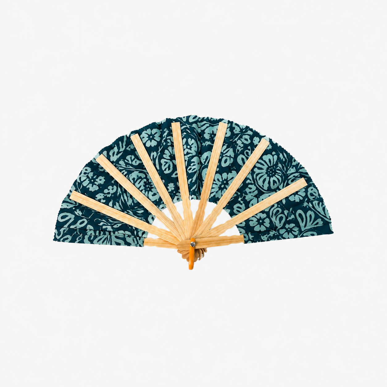 A traditional folding hand fan with a dark teal and light blue floral patterned fabric and natural bamboo ribs, shown open against a plain white background.