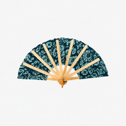 A traditional folding hand fan with a dark teal and light blue floral patterned fabric and natural bamboo ribs, shown open against a plain white background.