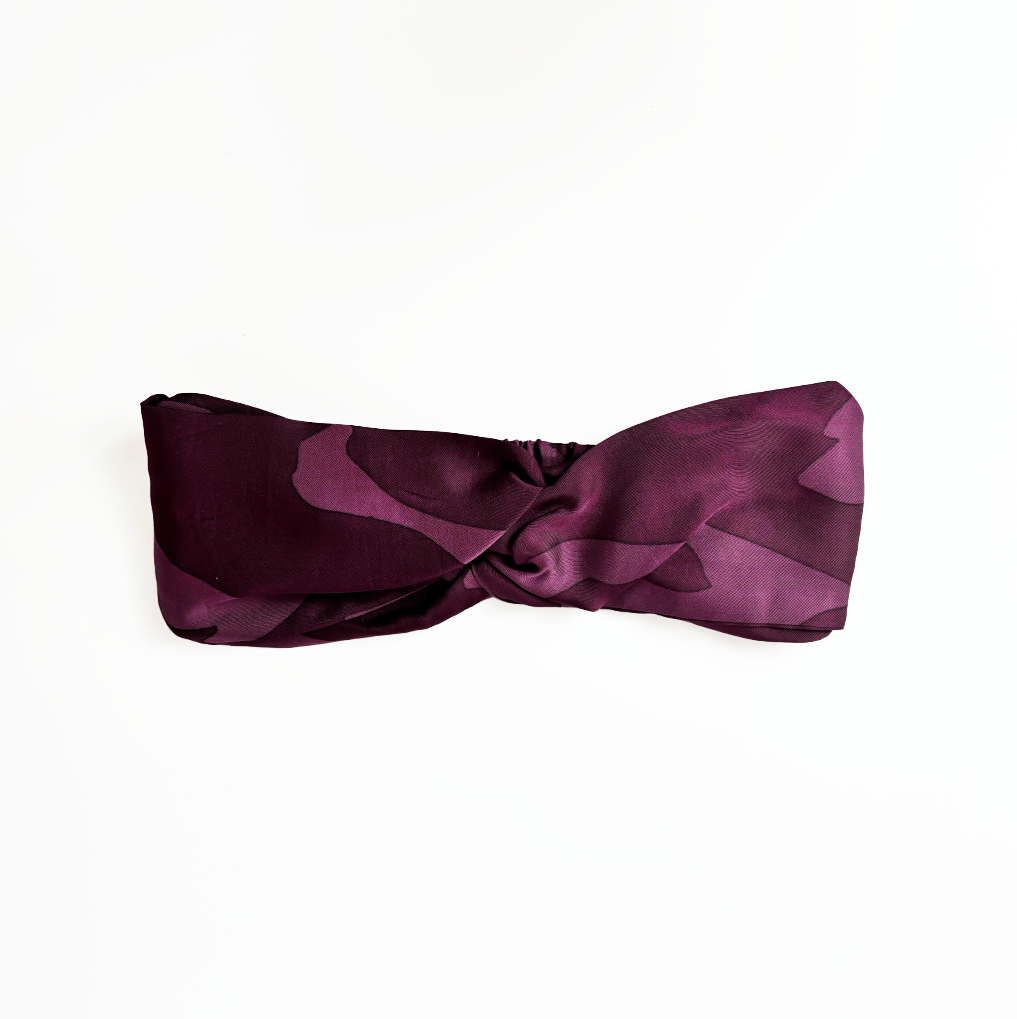 Plum Rimba Batik Headband front view – handcrafted batik fashion accessory