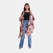 Woman facing the front side, showing maroon kimono