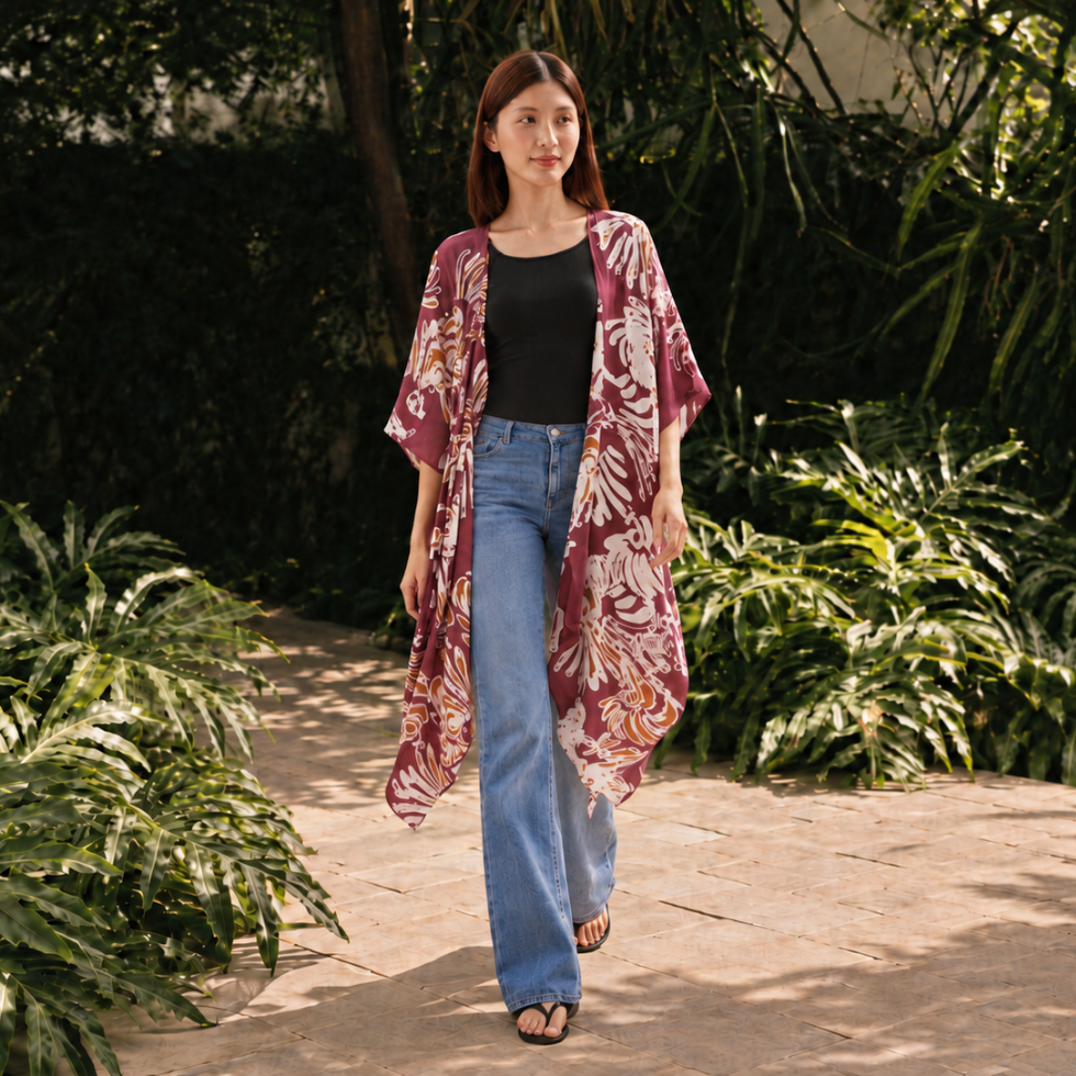 Girl wearing maroon kimono walking outside