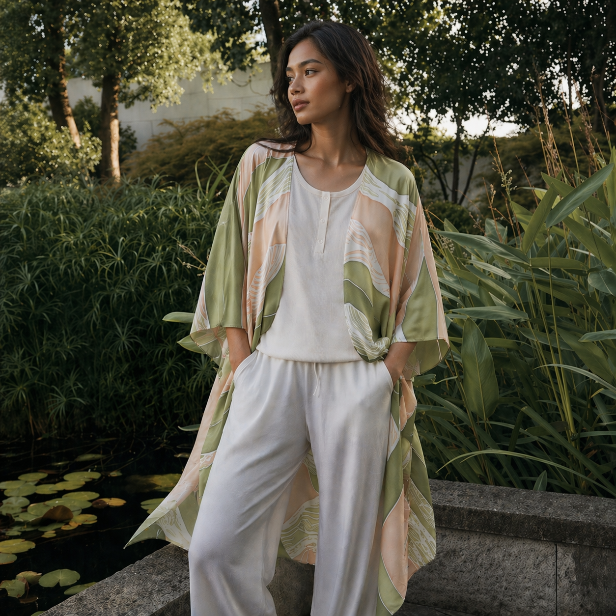 Woman wearing a light-colored kimono-style garment with floral patterns in a natural setting.