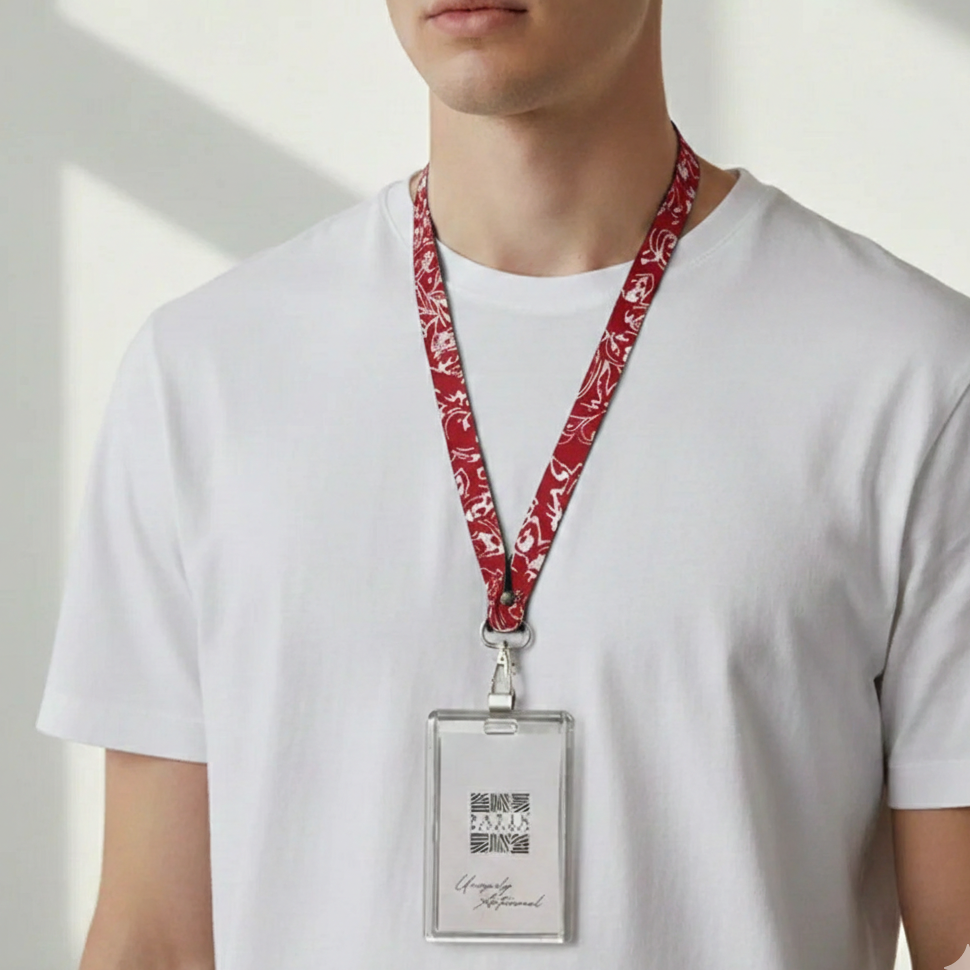 Person wearing a white t-shirt with a red patterned lanyard and clear badge holder.