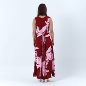 batik dress against a white background in the pattern berry palmera showcasing the details on the back