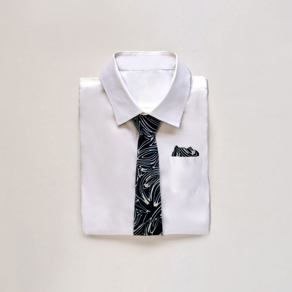 Batik Neck Tie & Pocket Square (Silk Cotton) - Black Driftwood - Batik Boutique