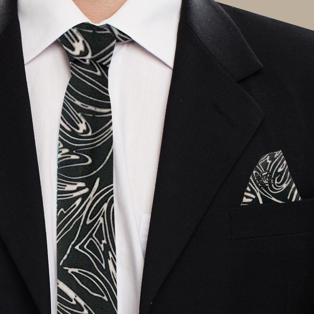 Batik Neck Tie & Pocket Square (Silk Cotton) - Black Driftwood - Batik Boutique
