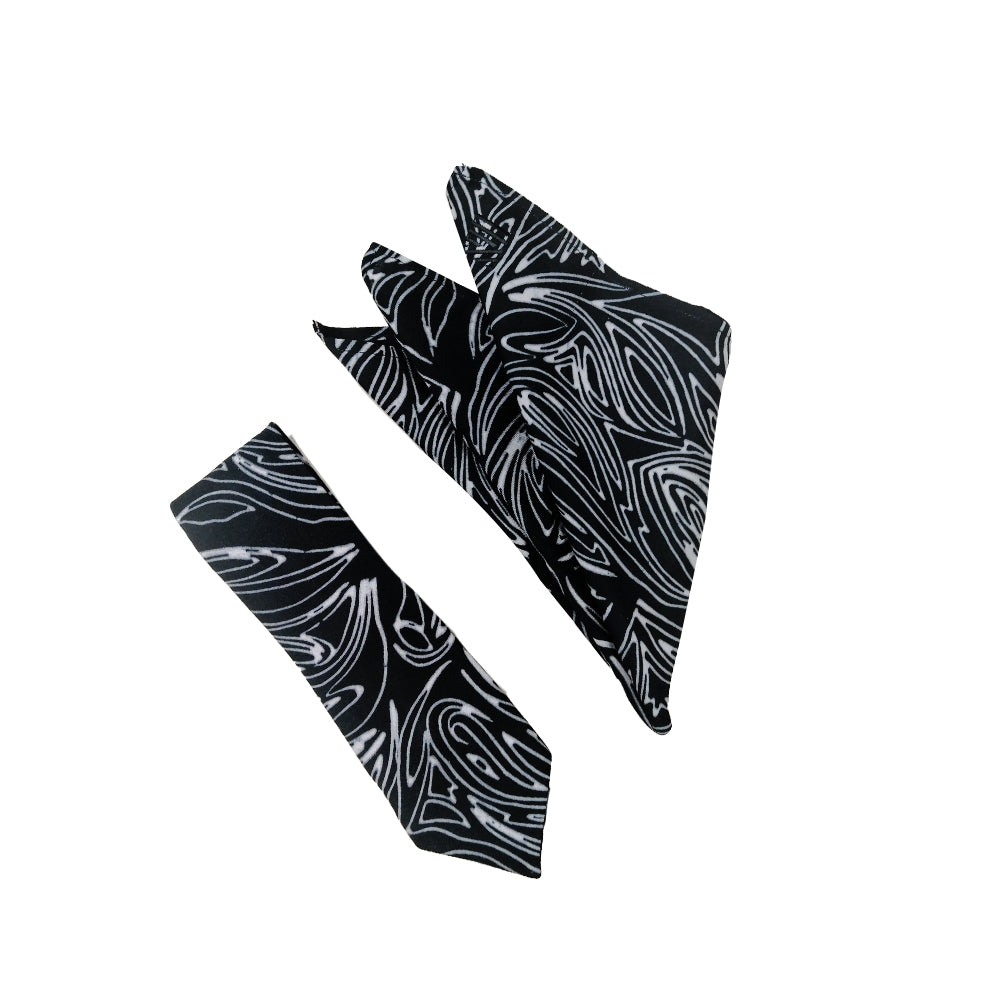 Batik Neck Tie & Pocket Square (Silk Cotton) - Black Driftwood - Batik Boutique